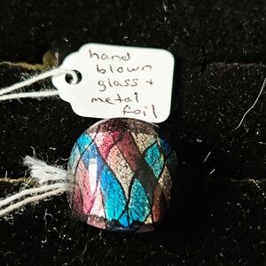 HANDBLOWN GLASS RING, LADIES SIZE 7, BLUE, SILVER TONE AND PURPLE WEAVE PATTERN,